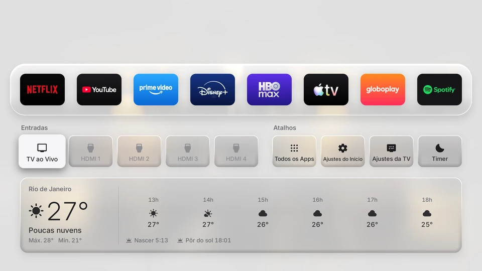 Depois: barra com os apps, entradas HDMI, atalhos com timer e o clima da cidade