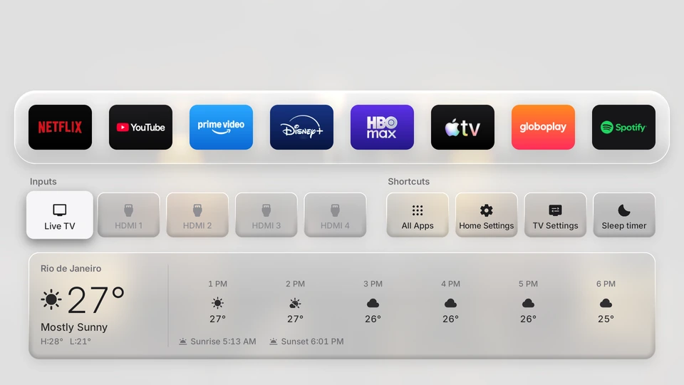 After: the app bar, HDMI inputs, shortcuts with a sleep timer and the local weather