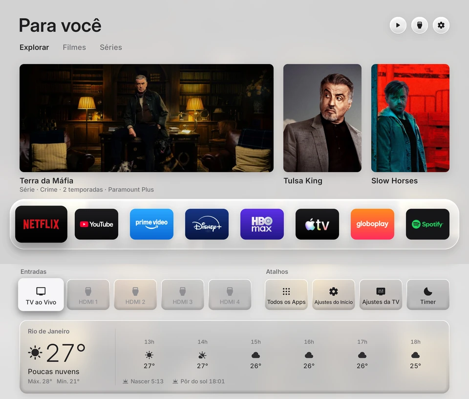 A tela que vem no serviço: Para você com as séries em alta, a barra de apps, as entradas, os atalhos com o Timer e o clima